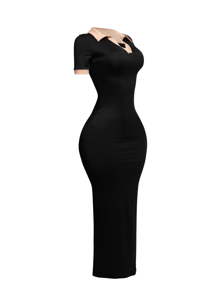 Black and nude colorblock polo maxi dress, angled view showing curve-enhancing silhouette

