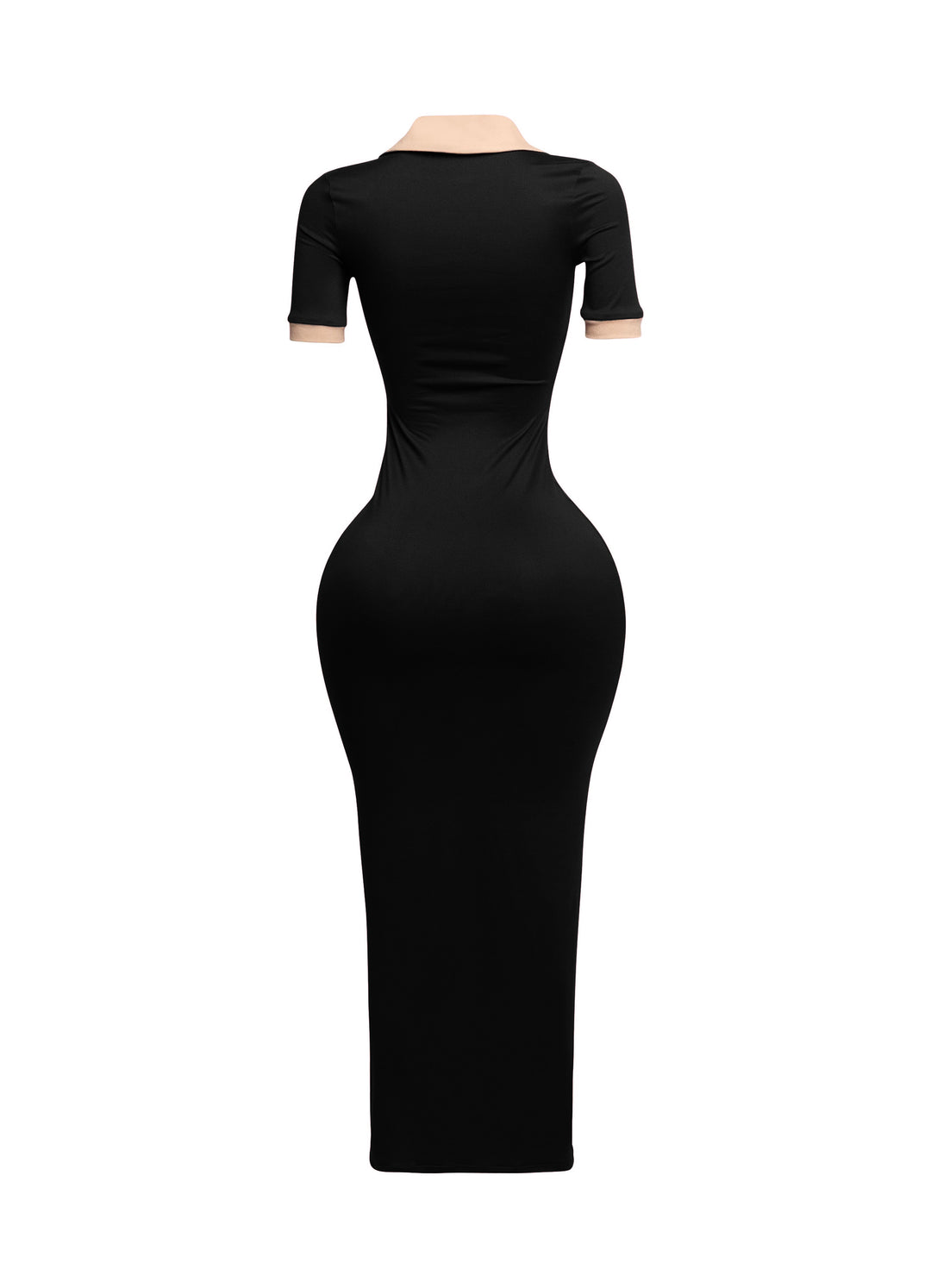 Side view of black fitted dress with nude collar and sleeve tips, sleek and structured

