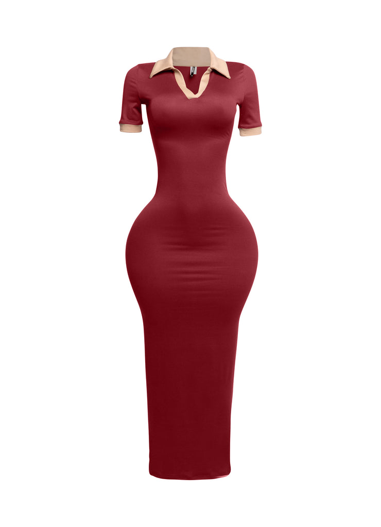 Wine red collared bodycon maxi dress with nude contrast collar and sleeve trim, front-facing view


