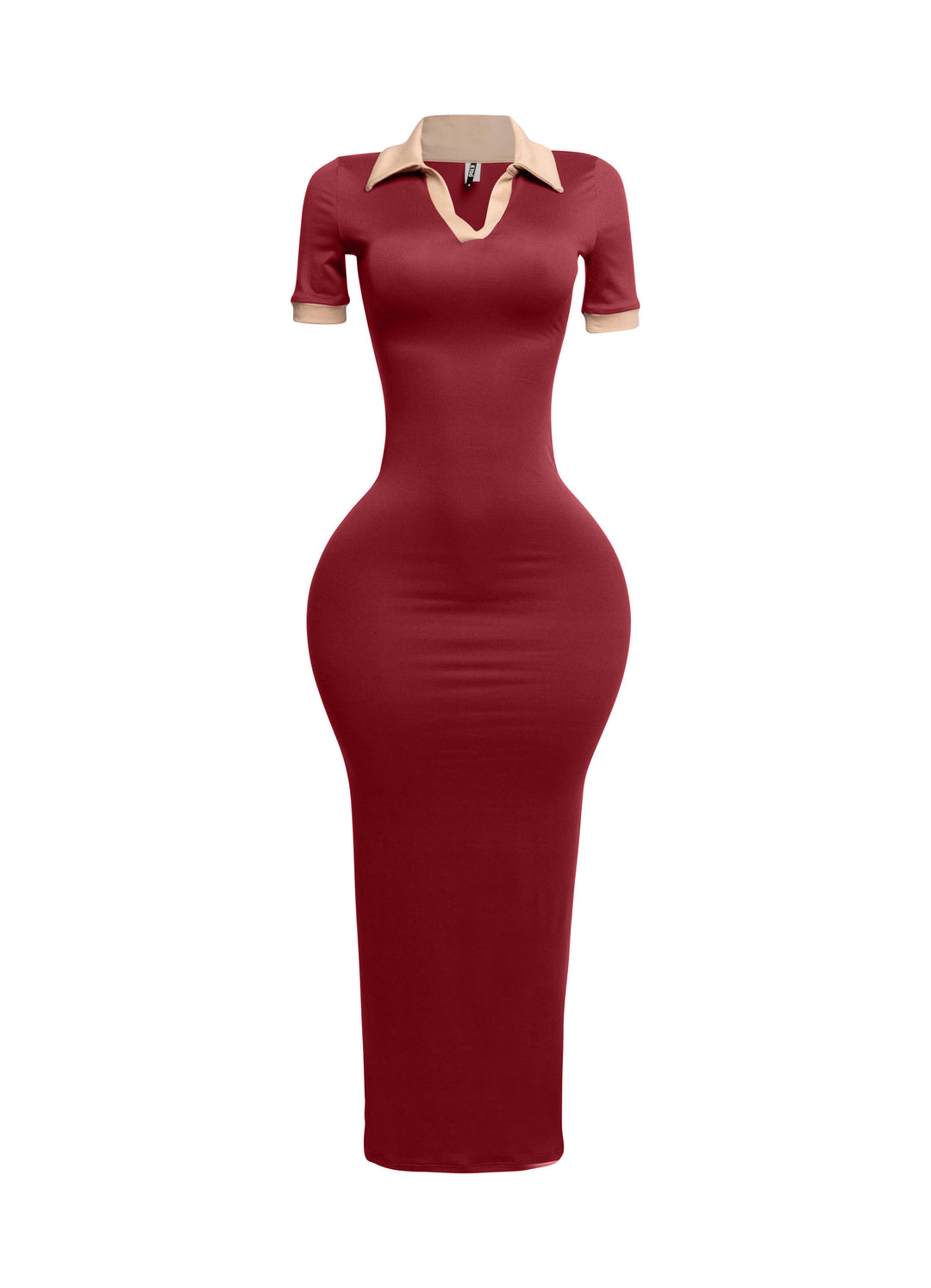 Wine red collared bodycon maxi dress with nude contrast collar and sleeve trim, front-facing view

