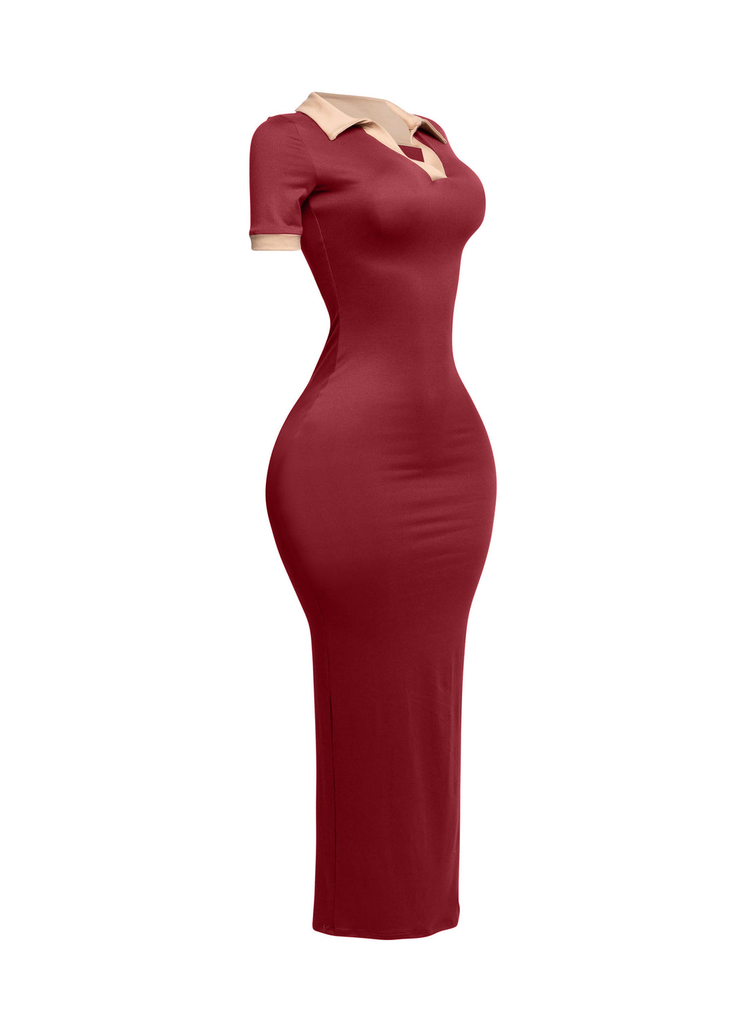 Burgundy and nude stretch maxi dress with colorblock detail, angled 1/4 left to show shape

