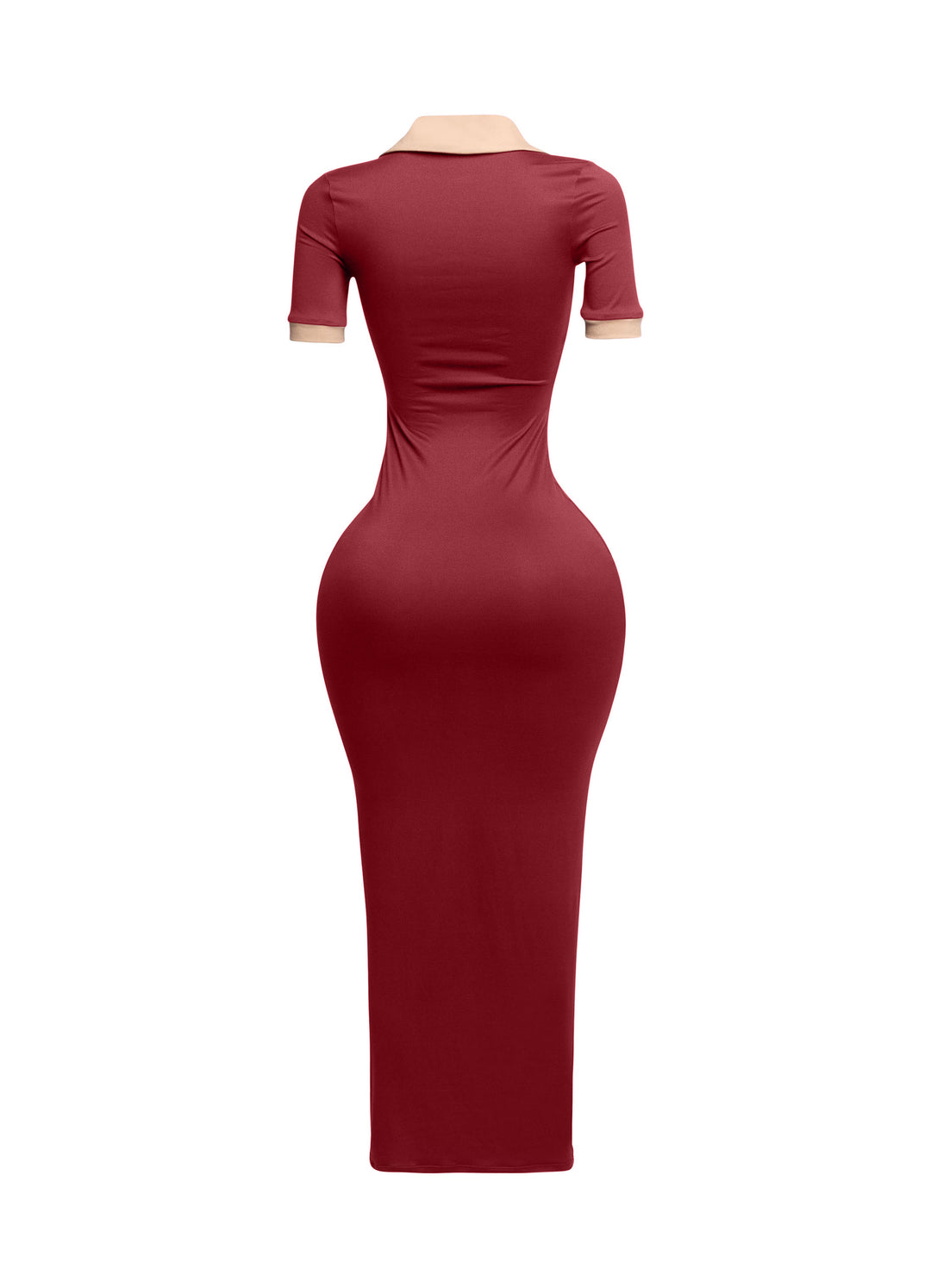 Side view of wine-toned fitted dress with nude polo-style collar, sculpting silhouette

