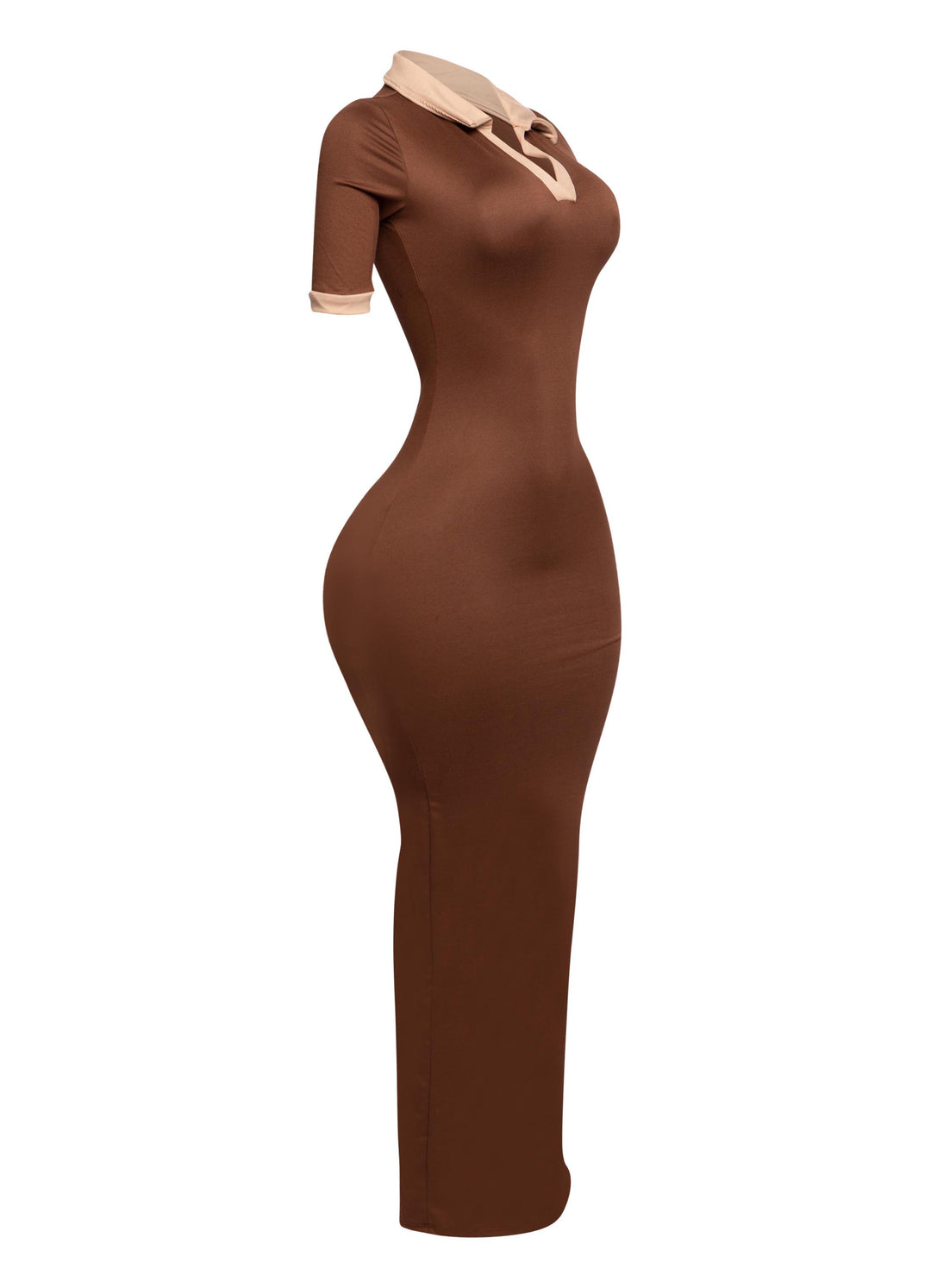 Side profile of brown stretch dress with nude contrast detailing, soft yet bold silhouette

