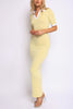 Yellow and white contrast collared bodycon dress with short sleeves, full front view

