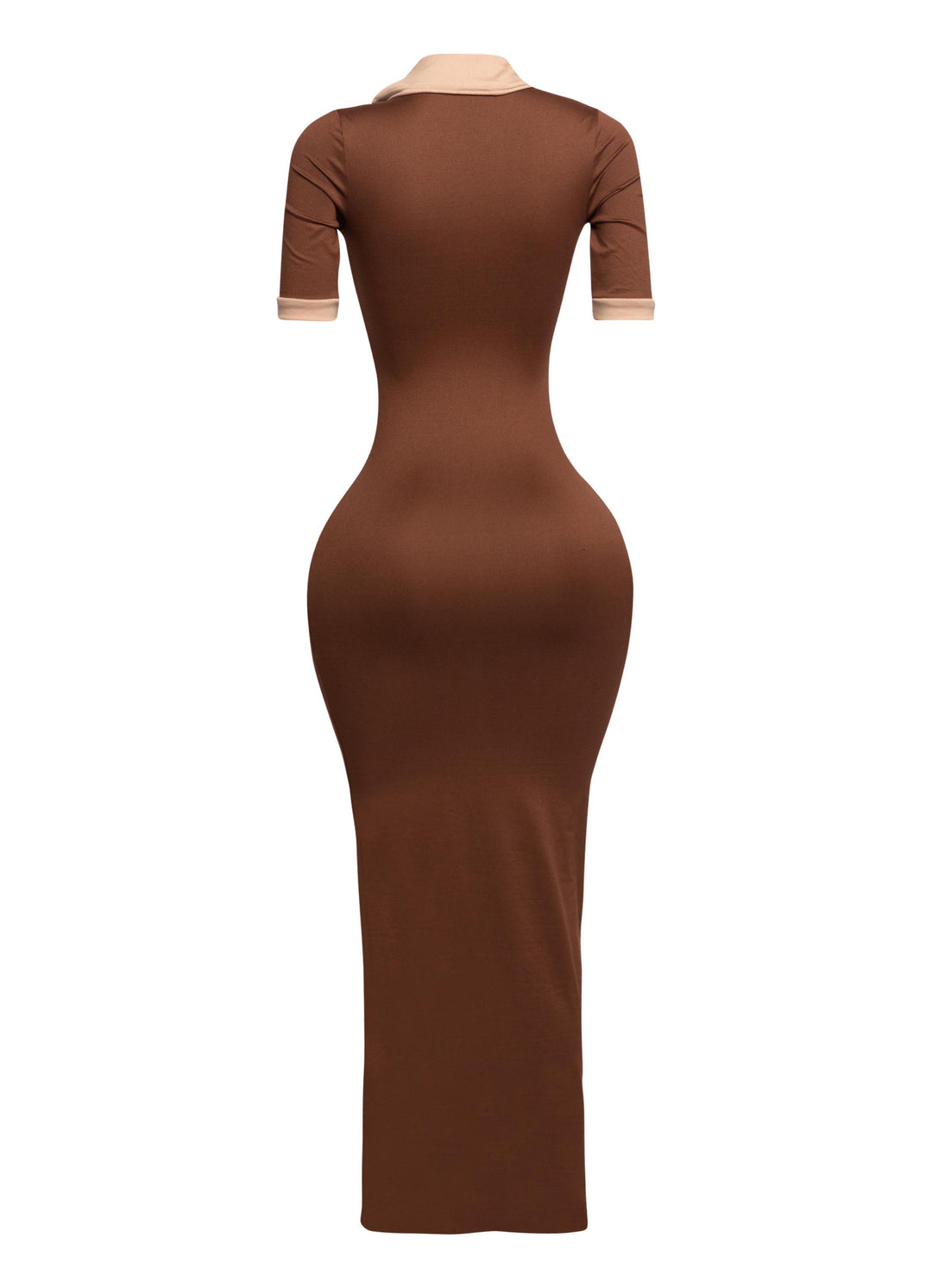 Chocolate brown fitted dress with nude collar and sleeve accents, 1/4 angle showcasing curve contour


