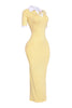 Yellow bodycon maxi dress with preppy white contrast collar, sporty aesthetic captured from the right side

