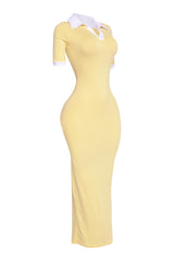 Yellow bodycon maxi dress with preppy white contrast collar, sporty aesthetic captured from the right side

