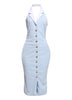 Baby blue contrast collar midi dress with gold button accents styled for dreamy spring statement looks