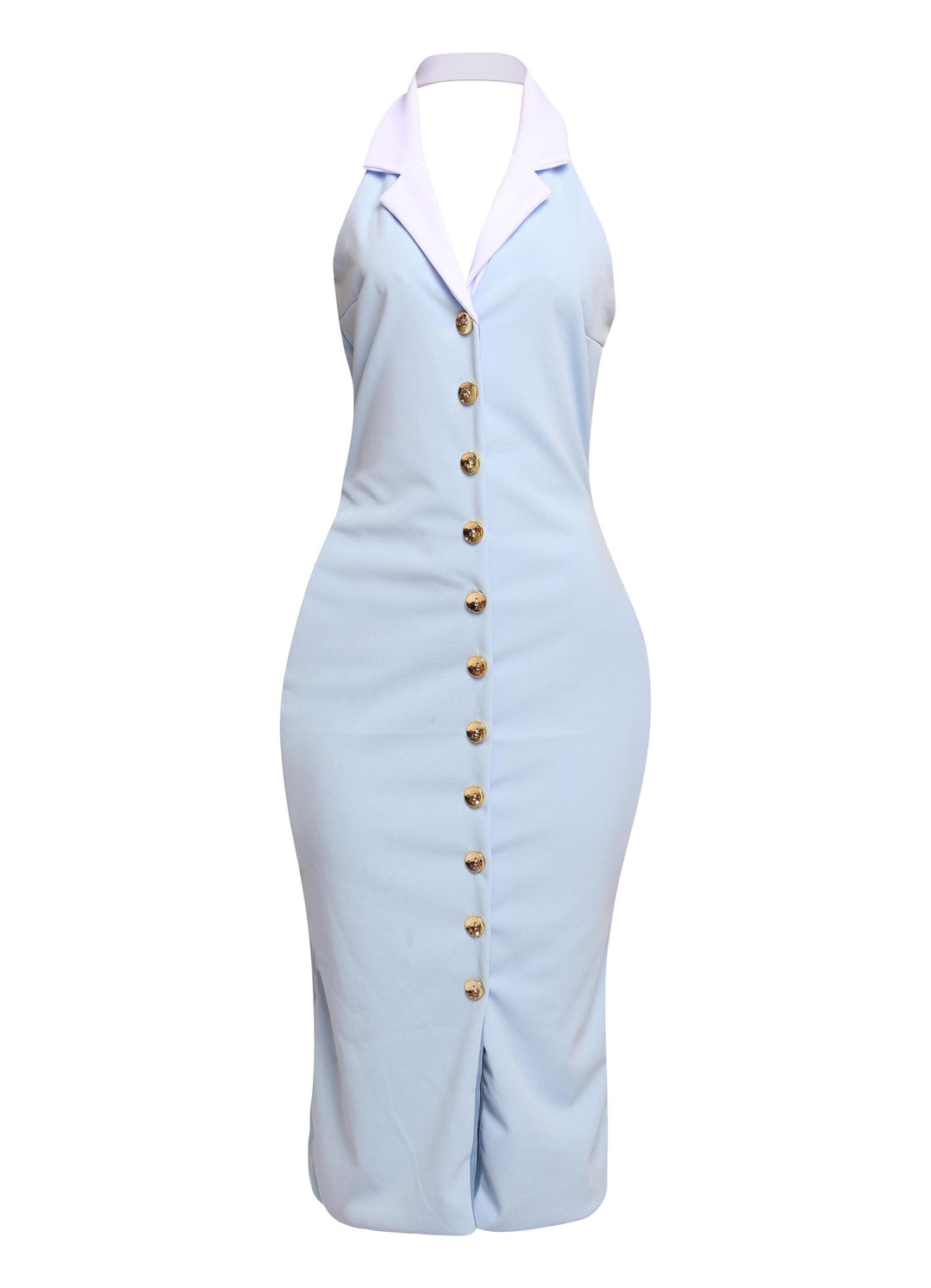 Baby blue contrast collar midi dress with gold button accents styled for dreamy spring statement looks