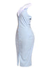 Soft blue midi dress with polished gold buttons and white collar styled for effortless elevated femininity