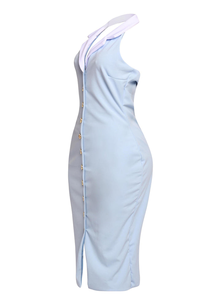 Soft blue midi dress with polished gold buttons and white collar styled for effortless elevated femininity