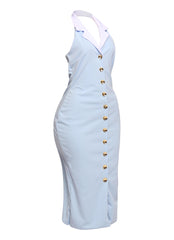 Light blue stretch midi dress featuring white collar and deep neckline styled with silver accessories and soft glam