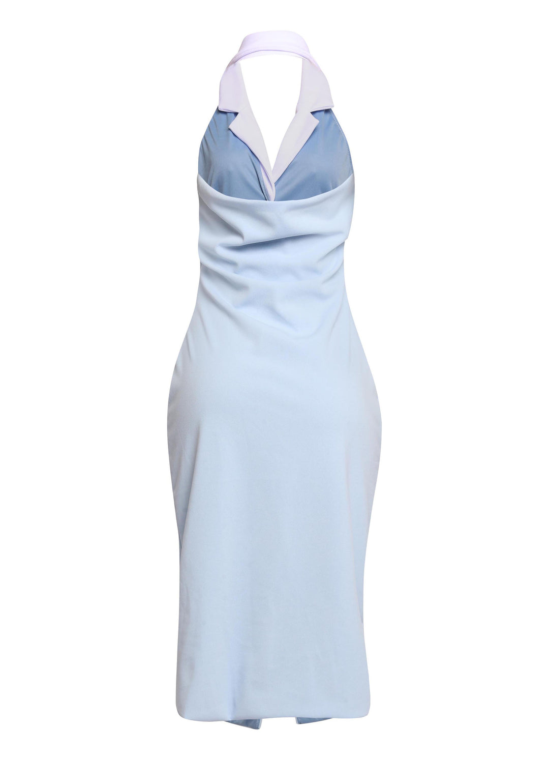 Baby blue open back dress with fitted silhouette styled for outdoor events and daytime parties