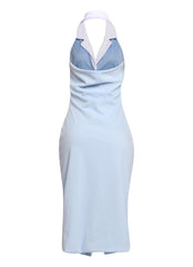 Baby blue open back dress with fitted silhouette styled for outdoor events and daytime parties