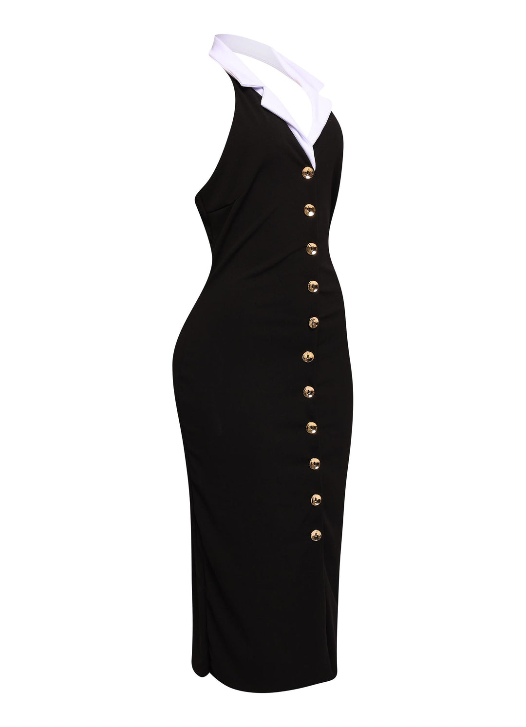 Black fitted bodycon dress featuring white collar gold buttons and a plunging neckline styled with sleek hair and heels