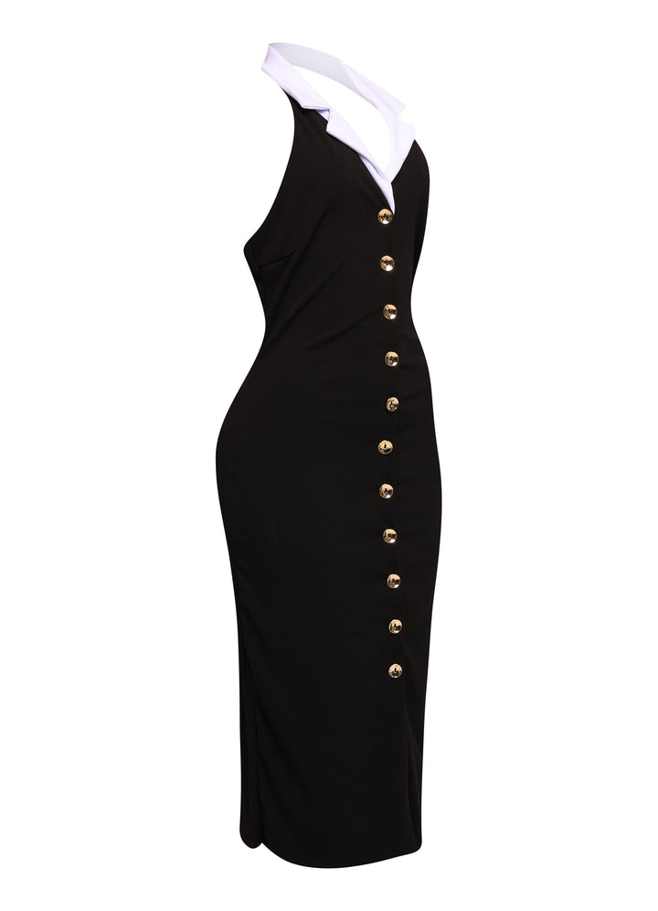 Black fitted bodycon dress featuring white collar gold buttons and a plunging neckline styled with sleek hair and heels