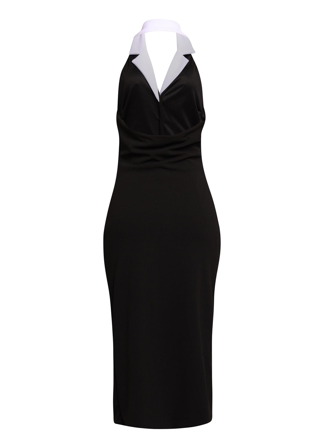 Black midi dress with open back design and structured stretch fit styled for elegant night out look