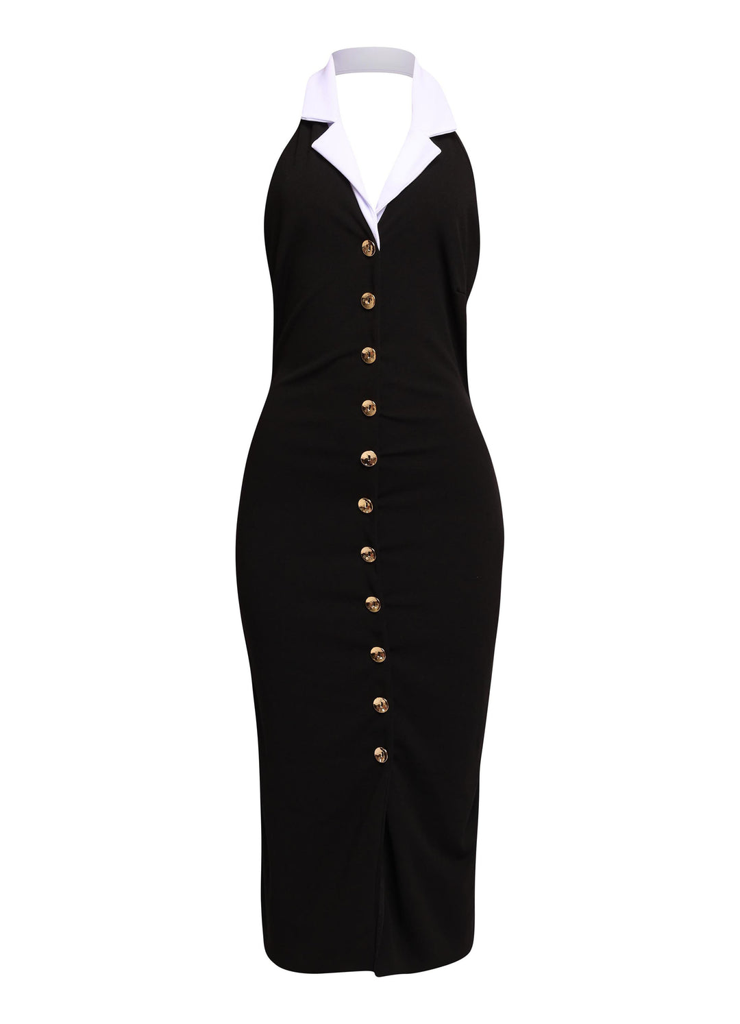Black contrast collar midi dress with gold buttons and open back styled for chic evening wear in 2025