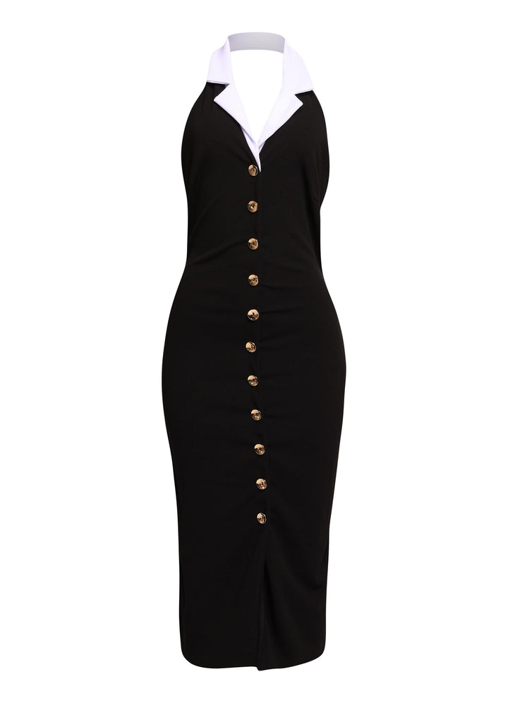 Black contrast collar midi dress with gold buttons and open back styled for chic evening wear in 2025