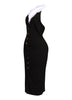 Fitted black midi dress with contrast collar and bold gold accents styled for confident after dark energy