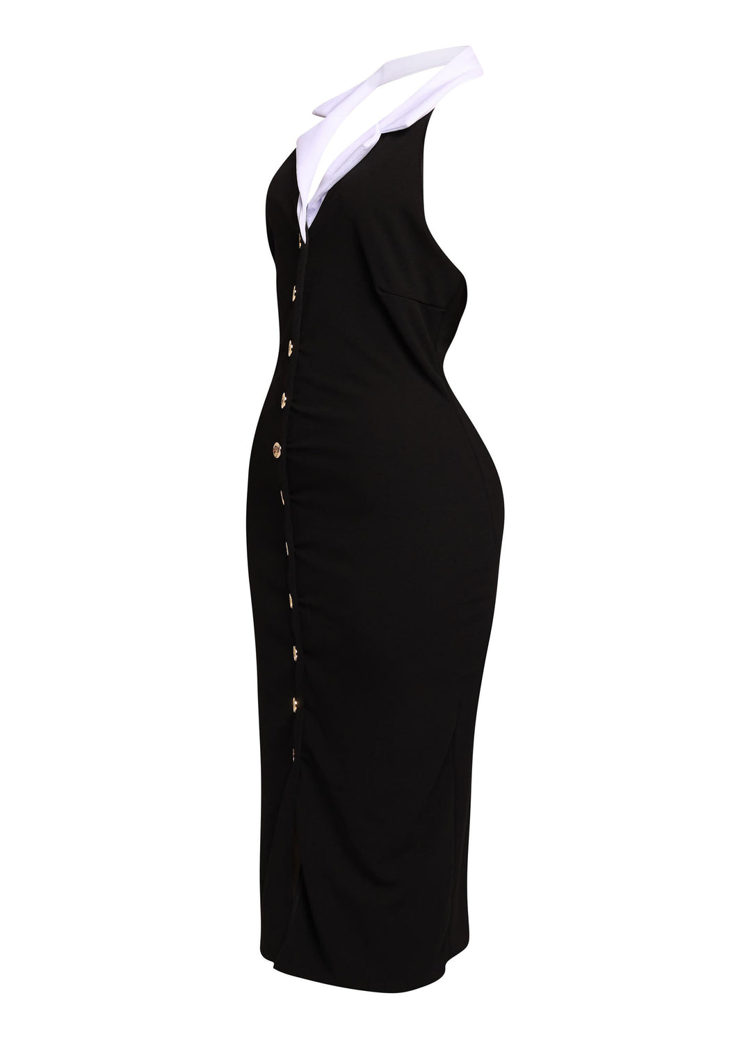 Fitted black midi dress with contrast collar and bold gold accents styled for confident after dark energy