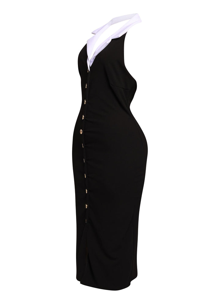 Fitted black midi dress with contrast collar and bold gold accents styled for confident after dark energy