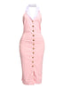 Baby pink midi dress with white collar and gold buttons styled for soft girl spring fashion aesthetic