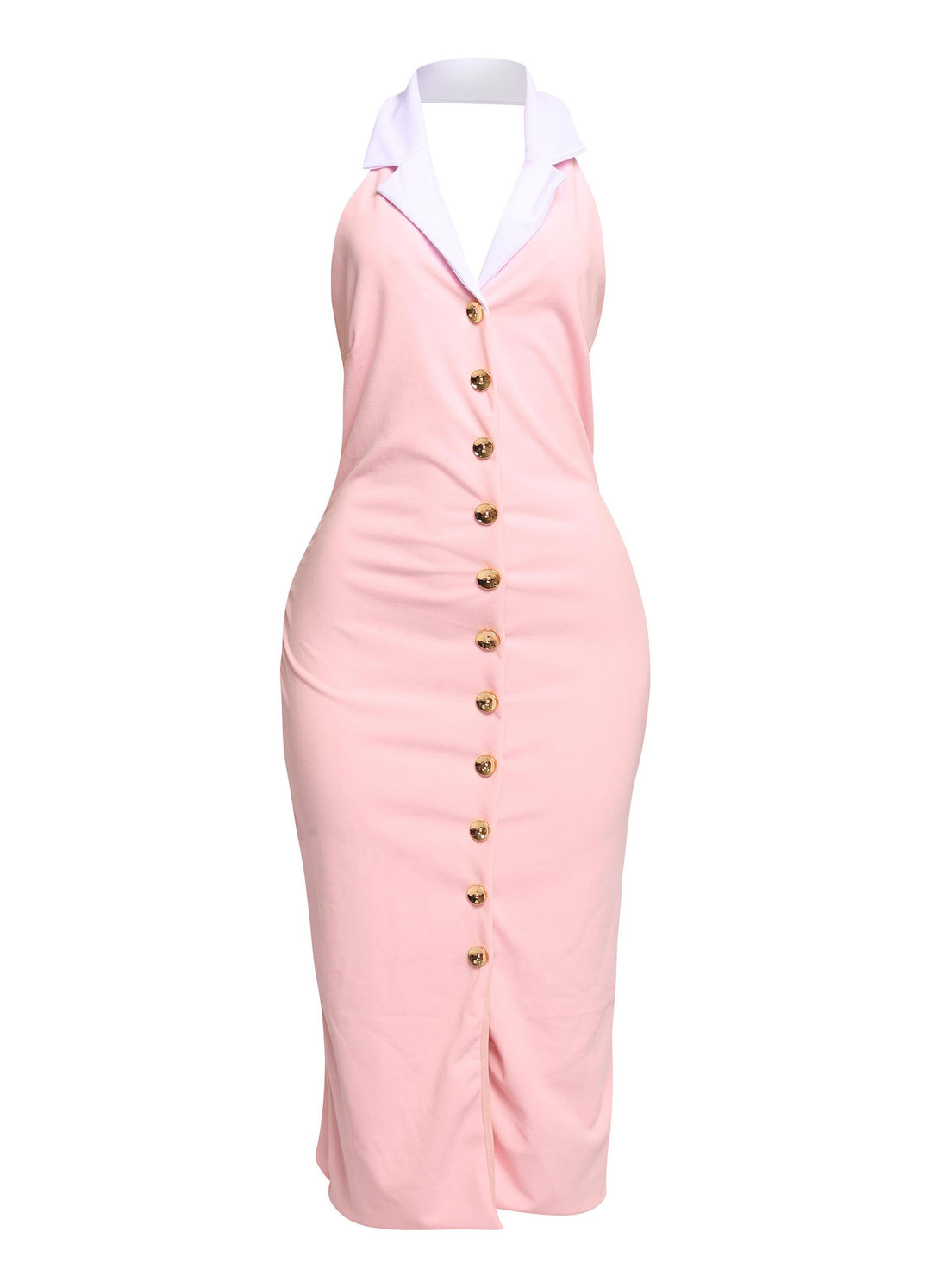 Baby pink midi dress with white collar and gold buttons styled for soft girl spring fashion aesthetic