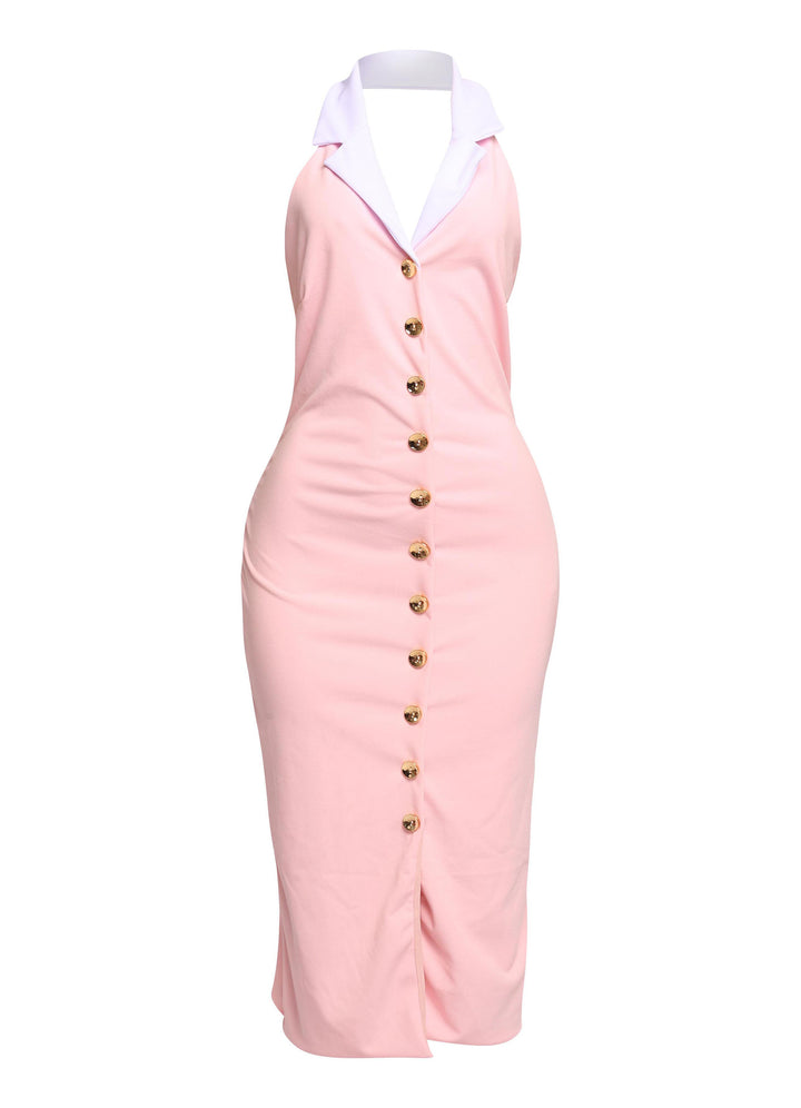 Baby pink midi dress with white collar and gold buttons styled for soft girl spring fashion aesthetic