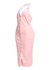 Feminine pink midi dress with stretch fit white collar and button front styled for a coquette inspired look