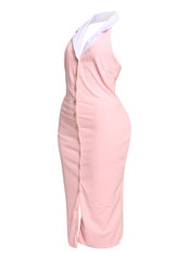 Feminine pink midi dress with stretch fit white collar and button front styled for a coquette inspired look