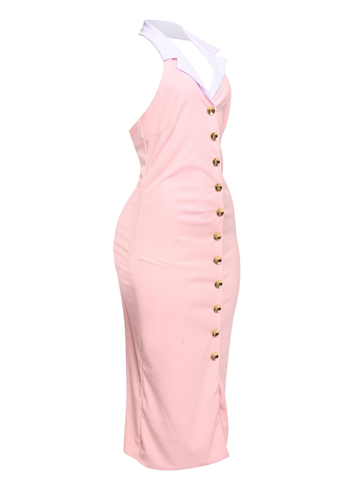 Pink bodycon dress featuring contrast collar and luxe gold detailing styled with minimal glam accessories