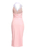 Pastel pink open back midi dress styled for bridal showers brunches and romantic events