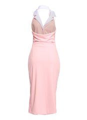 Pastel pink open back midi dress styled for bridal showers brunches and romantic events