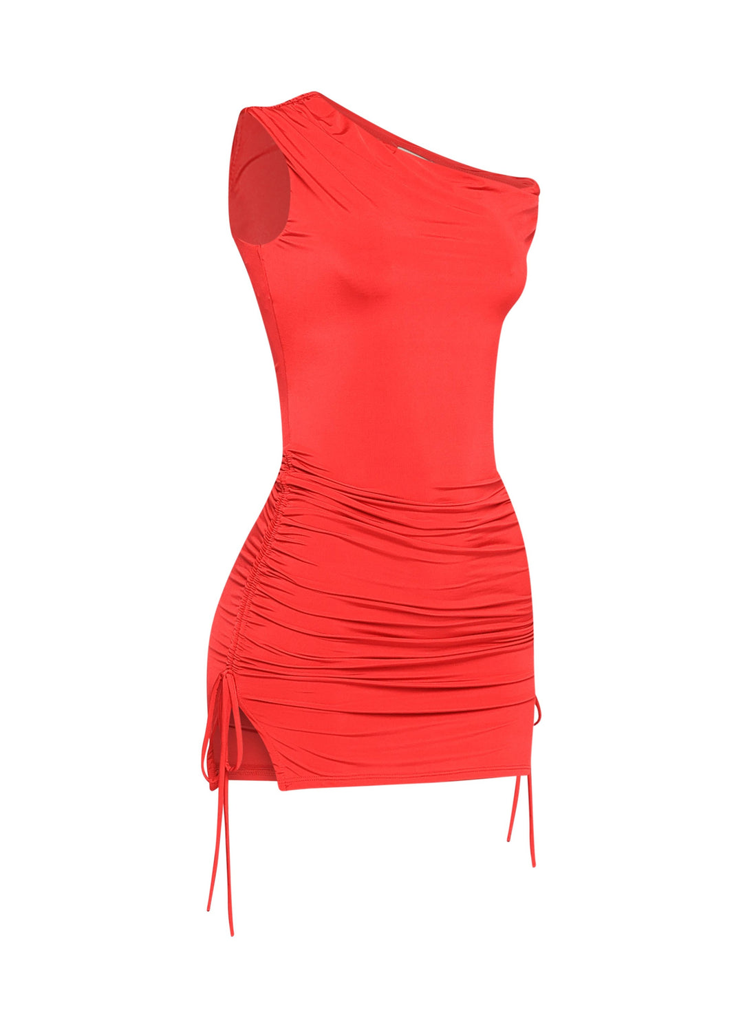 Statement red mini dress with pull-on fit and adjustable drawstring style

