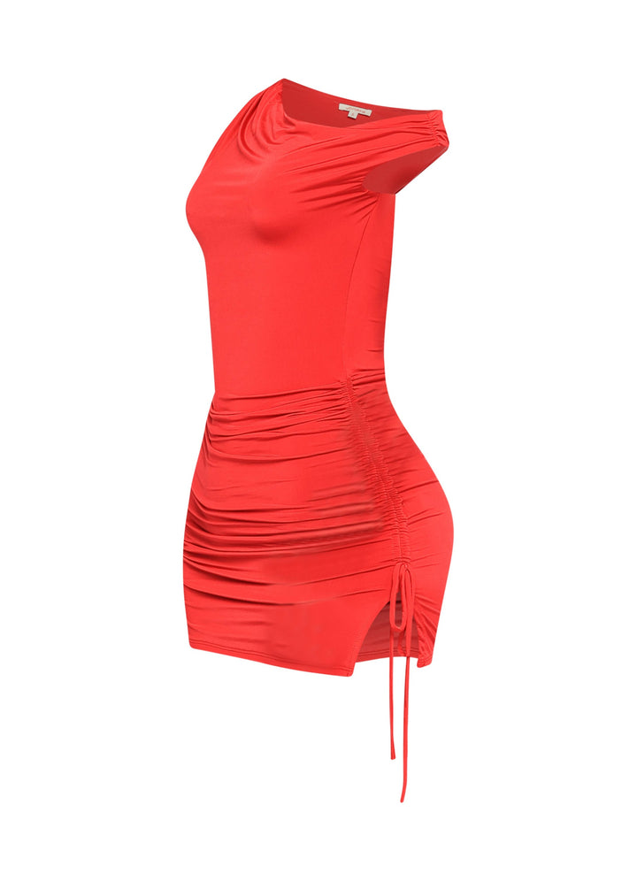 Red club dress with asymmetrical neckline and curve-accentuating silhouette

