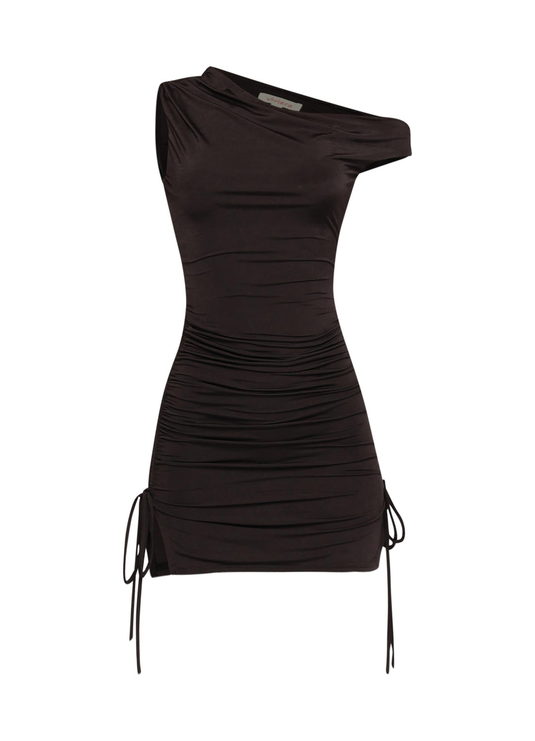 Sleek black mini dress with modern neckline and side cinching detail

