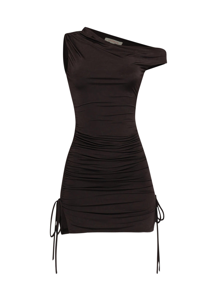 Sleek black mini dress with modern neckline and side cinching detail

