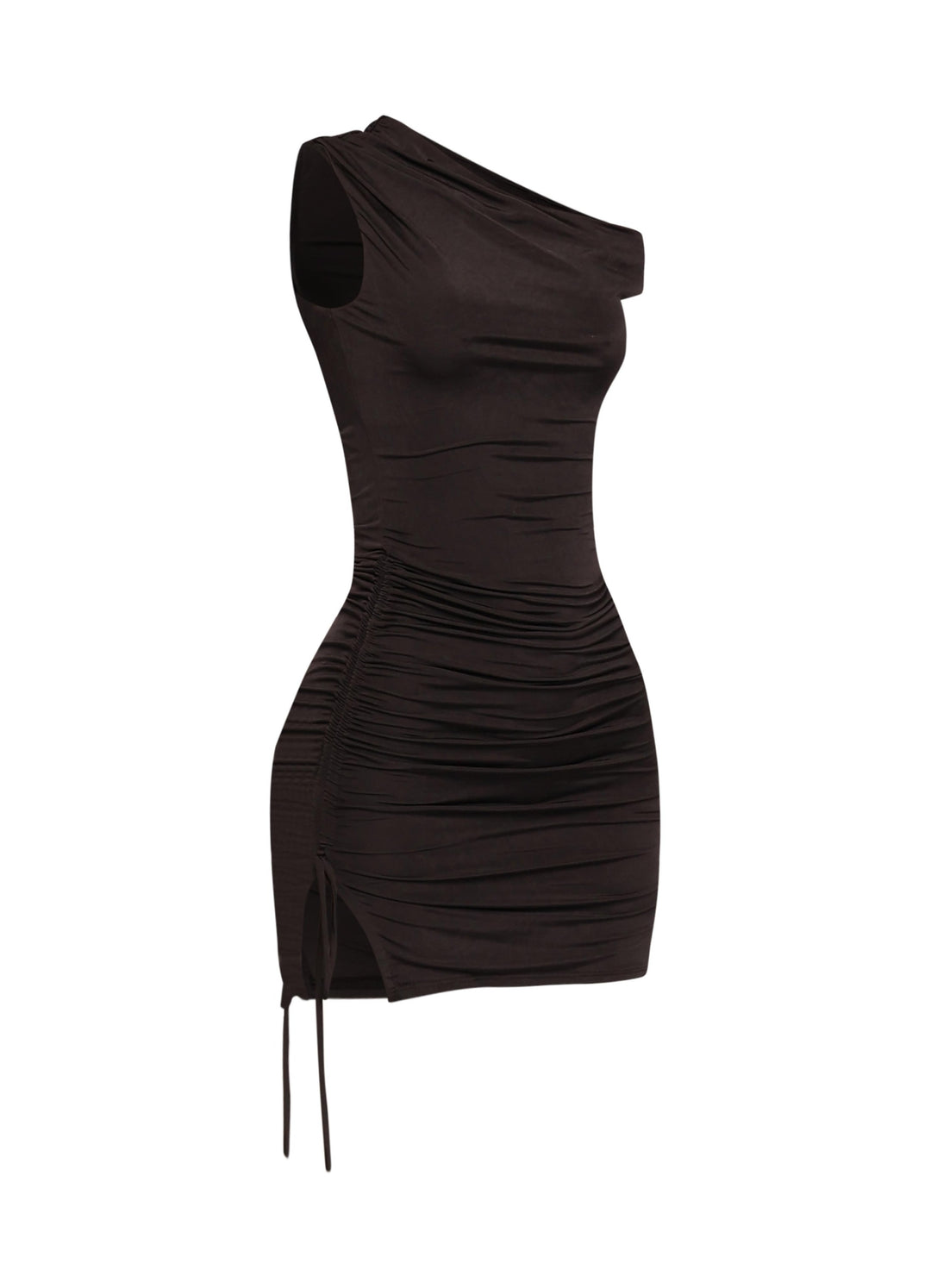 Black curve-hugging mini dress with off-shoulder slant and drawstring ruching

