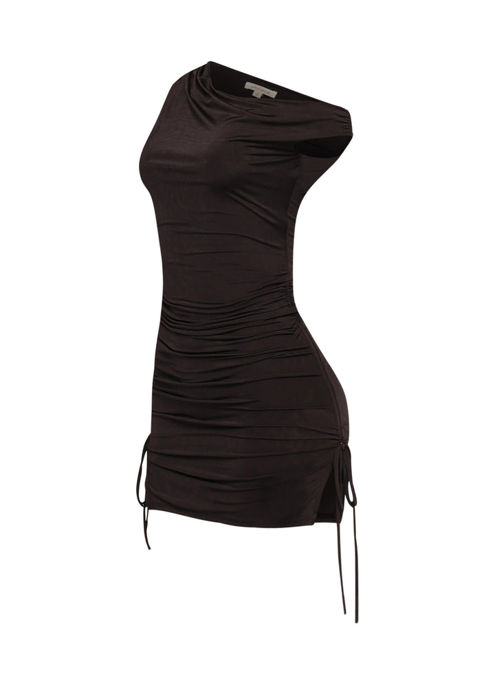 Trendy black party dress with bodycon shape and asymmetric top


