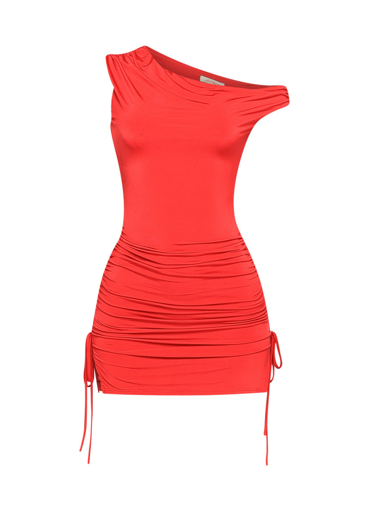 Hot red bodycon dress with gathered sides and modern one-shoulder design

