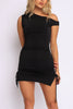 Black asymmetrical mini dress with ruched drawstring side and tight fit


