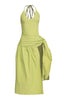 Chartreuse halter midi dress with bold waist tie and open slit skirt detail