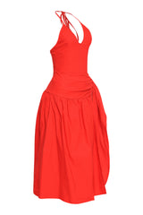 Sleek red tie-front midi dress featuring side slit and contoured silhouette
