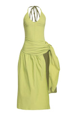 Chartreuse halter midi dress with bold waist tie and open slit skirt detail