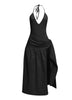 Black halter cutout midi dress with high slit overlay and waist tie detail