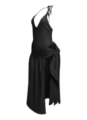 Black bodycon-style midi dress with wrap detail and plunge neckline, perfect for night looks