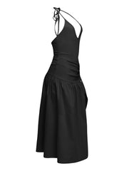 Sleek black tie-waist dress with one-sided open skirt and sexy snap bodysuit lining