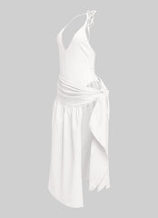 Chic white dress with tie-side open skirt and deep V neckline for summer styling