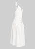 White cutout midi featuring woven fabric with light stretch and curve-hugging fit